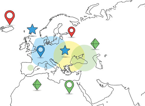 Map of Europe with pins and circles indicating locations and coverage areas, visualizing travel routes and geographical data with infographic elements