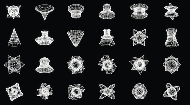 Set of abstract 3d wireframe geometric shapes and mathematical surfaces