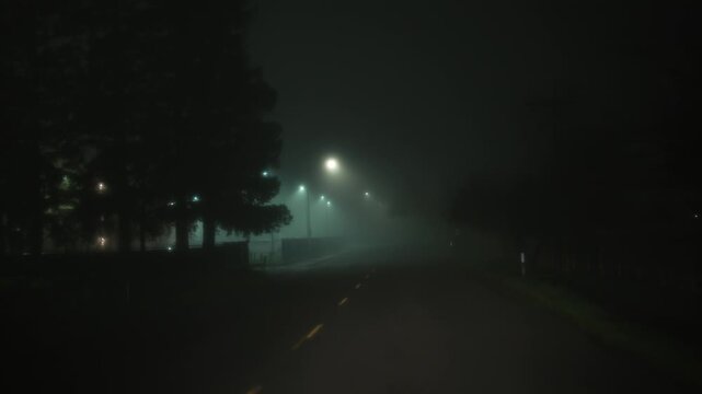 Driving along empty night street in dense fog, forward camera movement along a road lit by a continuous row of streetlights whose glow dissolves into thick mist