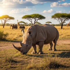 Obraz premium Rhino Grazing in African Savanna with Other Animals.