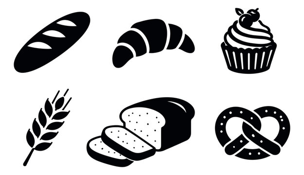 Black silhouette bakery icons set featuring various breads, pastries, and a cupcake for culinary branding and design projects