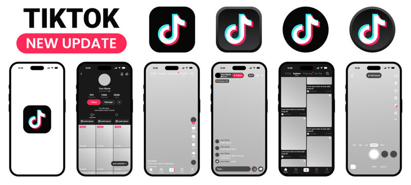 TikTok app logo icon mobile interface UI UX smartphone screen mockup. Short video feed, live streaming screen. Profile, comment, like, share button. Social media layout template