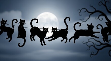 Obraz premium Silhouetted Black Cats Against a Full Moon Night Sky.