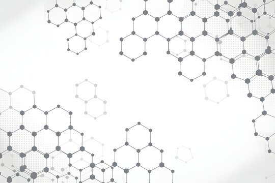 Abstract gray hexagons pattern molecule on white background with halftone texture.