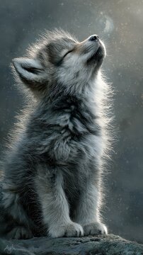 Adorable fluffy wolf pup basking in soft sunlight with closed eyes