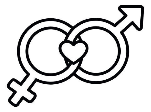 Line art illustration of intertwined male and female gender symbols depicting love and connection for relationship and equality concepts