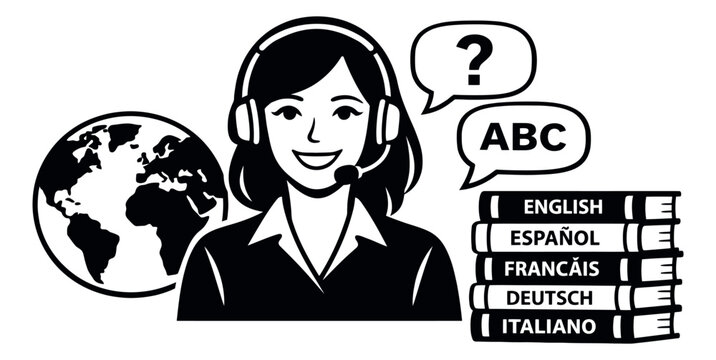 Line art illustration of a female call center agent depicting multilingual customer support for international communication
