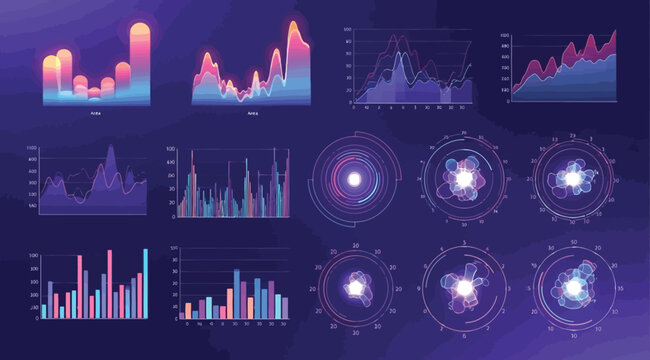 Futuristic hud interface with various data visualization charts and graphs