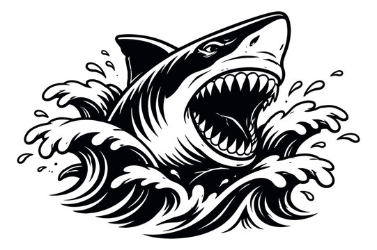 Graphic line art illustration of a shark depicting an aggressive attack for marine or danger themes