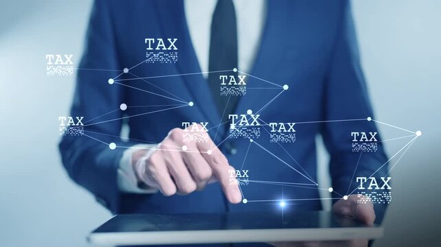 Digital tax filing Tax return financial planning analyzing  data revenue deductions filing income tax online payment mobile app computer technology. Business tax management economy 