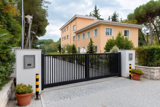 Automatic sliding gate providing security for building entrance