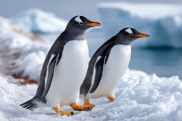 Fototapeta premium Gentoo penguins standing on snow in Antarctica
