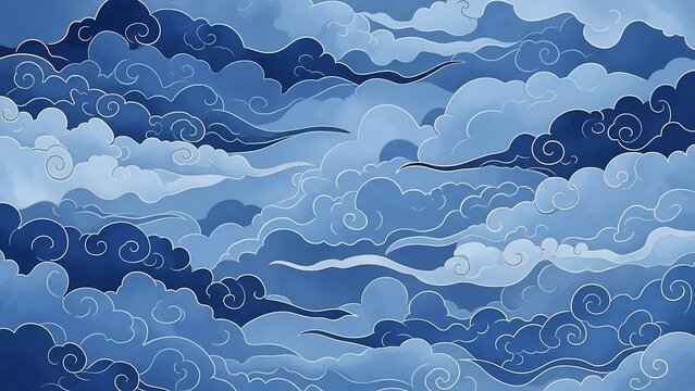 Blue swirling clouds in a traditional Asian art style.
