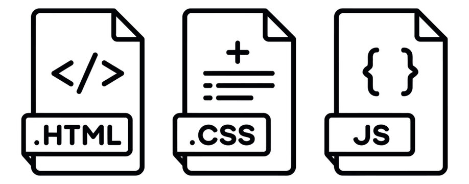 Line art web programming file icons set featuring HTML, CSS, and JavaScript symbols for web development