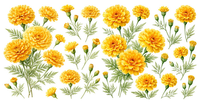 A charming watercolor collection of marigold flowers featuring vibrant yellow and orange blooming garden plants with delicate buds and feathery leaves illustrated in a natural botanical style.