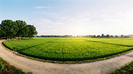 Fototapeta premium Green rice field with dirt road and trees under blue sky