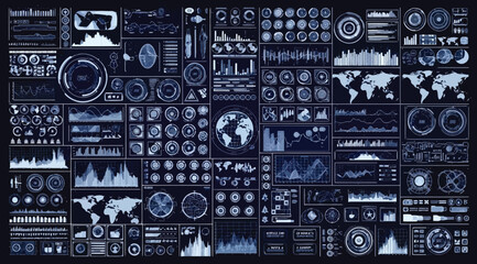 Futuristic digital dashboard interface with various data charts, graphs, and world maps © S.Siam