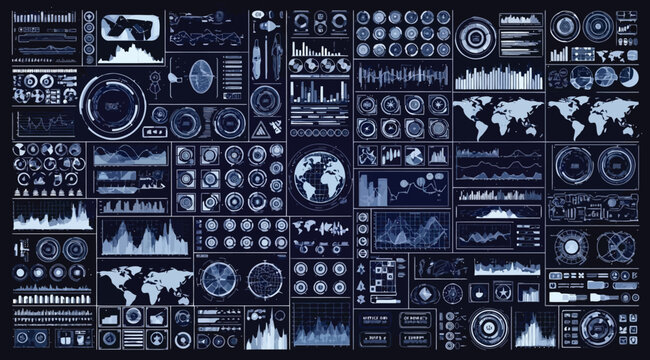 Futuristic digital dashboard interface with various data charts, graphs, and world maps
