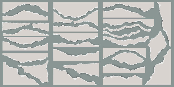 Ripped paper with torn edges. Pieces of teared sheet for frame and template design. Textured cutout shapes for collage and banner. Rough stripes for scrapbooking. Set of vector illustrations