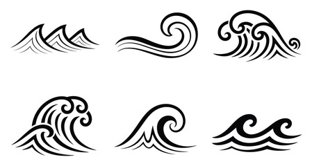Fototapeta premium Wave Vector Illustration Set of Six Stylized Ocean Waves