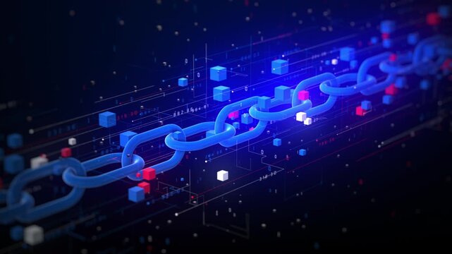 3D blockchain chain with glowing links and floating data cubes, symbolizing secure digital transactions, decentralized networks, cryptocurrency systems, and advanced data security technology.
