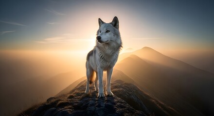 Majestic white wolf standing on mountain peak at sunset © Nyx