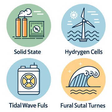 Vector icon set of sustainable energy technology including solid state, hydrogen cells, and tidal wave power