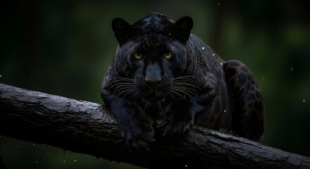 black panther resting on tree branch in forest