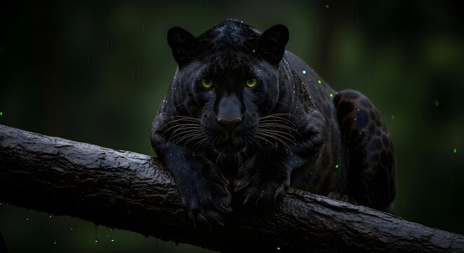 black panther resting on tree branch in forest