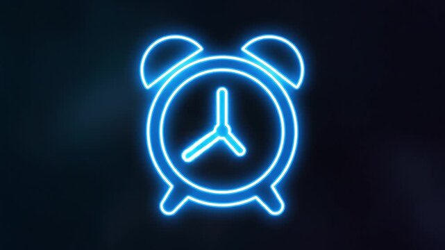 neon blue alarm clock icon on dark background
