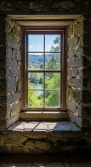 Naklejka premium Rustic Stone Wall Window with Scenic Green Landscape View.