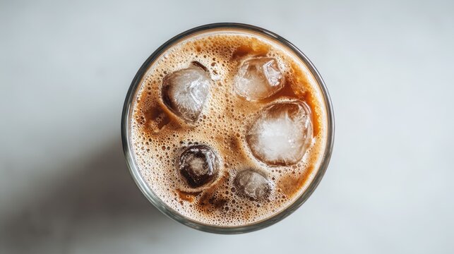 Simple glass of iced coffee with ice cubes and foam on a clean white backdrop