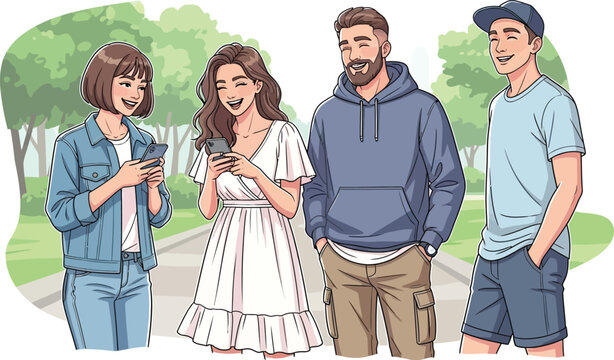 Friends gathering outdoors share digital content on their modern.