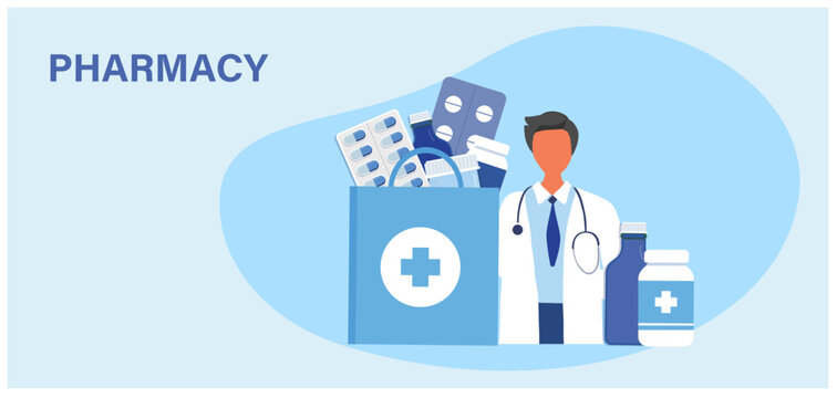 Pharmacist holding medicine bag for disease treatment. pharmacy and medical treatment. Vector illustration