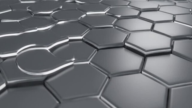 Abstract 3D render of dark gray metallic hexagonal tiles with beveled edges and glowing white light emanating from the crevices. Geometric pattern with shallow depth of field.