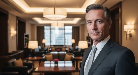 Fototapeta premium Confident businessman in a suit standing in a luxurious hotel lobby with modern interior design and soft lighting