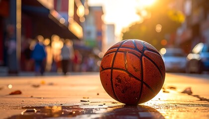 A lone basketball on a wet city street at sunset