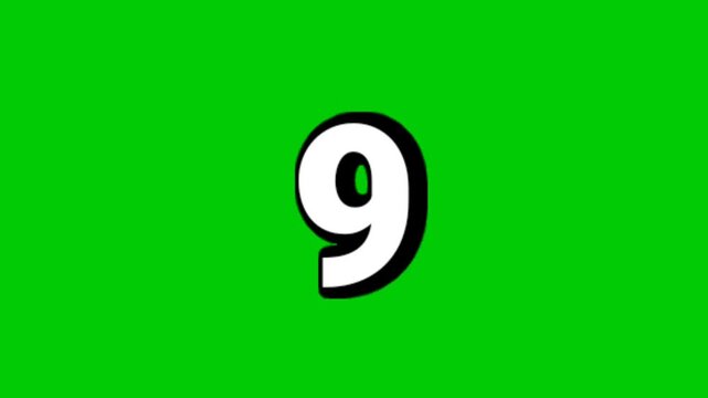 Number 9 symbol sign animation motion graphics cartoon white color black outline  green screen background smoke effects video elements