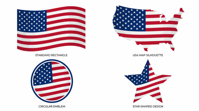 United States flag vector illustration set with rectangle, map silhouette, circular emblem, star design, patriotic American symbols, decorative vector art graphics collection