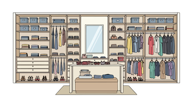Organized Walk-In Closet Design with Hanging Clothes Shoes Boxes and Mirror Central Feature