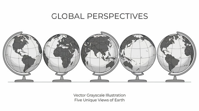 Global perspectives vector greyscale illustration featuring five unique Earth views, continents and oceans, modern world map design, educational decorative vector art collection for geography