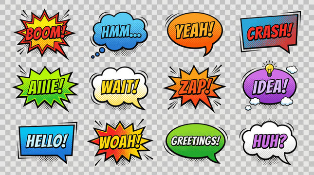 Colorful Comic Speech Bubble Vector Set &ndash; Pop Art Style Exclamations, Dialogue Effects, Cartoon Expressions, Transparent Background Graphic Icons for Design, Comics, and Creative Projects