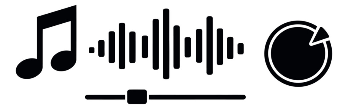 Simple icon music and audio set featuring a musical note, an equalizer, a volume dial, and a fader for user interface design