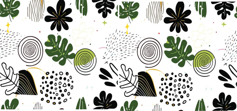 Abstract botanical seamless pattern vector with leaves shapes doodle elements modern hand drawn floral background design isolated on white background