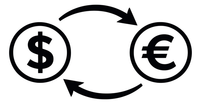 Line art illustration of dollar and euro currency symbols depicting exchange rate for financial transactions