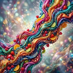 Obraz premium Dynamic Rainbow Wave of Mixed Tropical Fruits with Water Bubbles and Silk Fabric