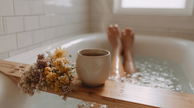 花とカップを置いたバストレイでくつろぐ入浴シーン