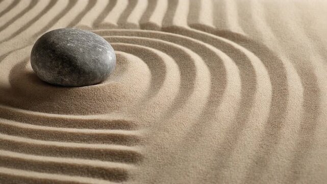 Serene Zen Garden with Raked Sand Patterns and a Single Smooth Stone, symbolizing Balance, Tranquility, and Mindfulness