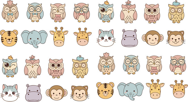 Cute animal face collection vector set with owl tiger elephant giraffe monkey hippo cat cartoon characters illustration isolated on white background