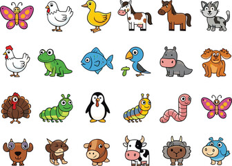 Cute cartoon animals collection vector illustration with farm pets birds insects fish and wildlife characters isolated on white © Sumon Creative